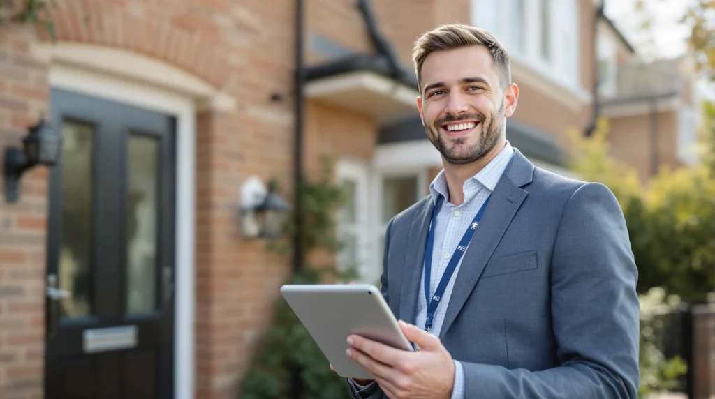 Man outside a uk house waiting to show a viewer around a houe