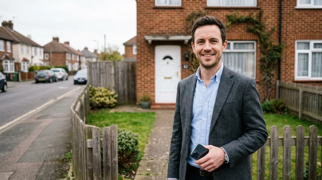 man standing outside a typical uk house